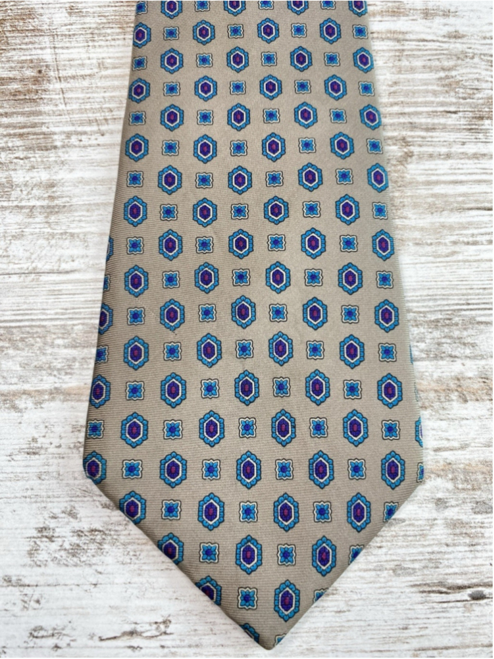 Vintage Oakton Ltd 100% Silk Tie Geometric Blue Purple Tan Italian Fabric USA